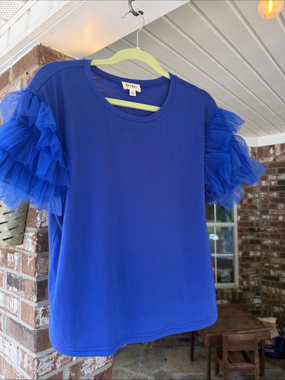 BiBi Ruffle Mesh Lace Layered Short Sleeve Top in Royal Blue